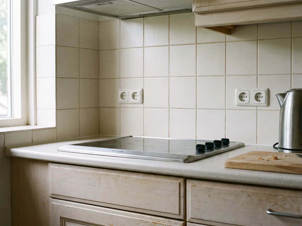 Keuken achterwand met crème vierkante tegels rond de kookplaat, netjes uitgesneden om de stopcontacten