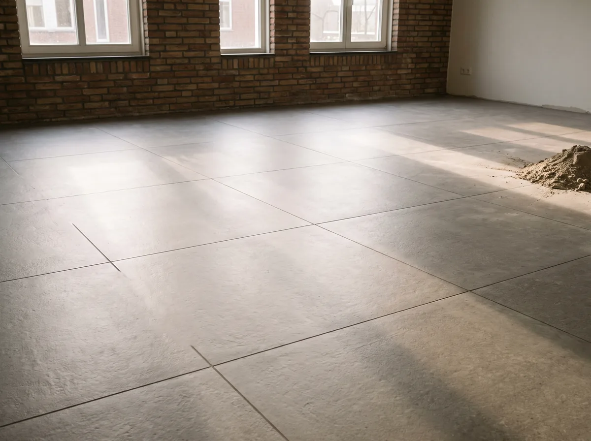 Ruime lege woonruimte met een pas gelegde grijze tegelvloer in groot formaat langs een bakstenen wand